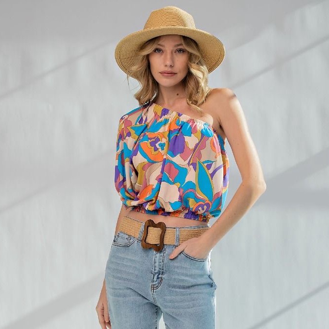 Boho One Shoulder Floral Print Crop Top Boutique Resort Style